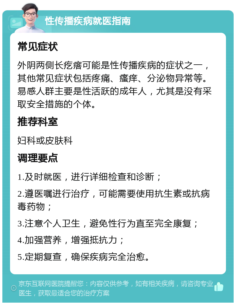 性传播疾病就医指南 常见症状 外阴两侧长疙瘩可能是性传播疾病的症状之一，其他常见症状包括疼痛、瘙痒、分泌物异常等。易感人群主要是性活跃的成年人，尤其是没有采取安全措施的个体。 推荐科室 妇科或皮肤科 调理要点 1.及时就医，进行详细检查和诊断； 2.遵医嘱进行治疗，可能需要使用抗生素或抗病毒药物； 3.注意个人卫生，避免性行为直至完全康复； 4.加强营养，增强抵抗力； 5.定期复查，确保疾病完全治愈。