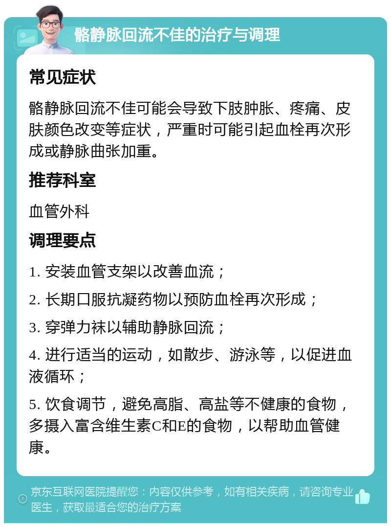 骼静脉回流不佳的治疗与调理 常见症状 骼静脉回流不佳可能会导致下肢肿胀、疼痛、皮肤颜色改变等症状，严重时可能引起血栓再次形成或静脉曲张加重。 推荐科室 血管外科 调理要点 1. 安装血管支架以改善血流； 2. 长期口服抗凝药物以预防血栓再次形成； 3. 穿弹力袜以辅助静脉回流； 4. 进行适当的运动，如散步、游泳等，以促进血液循环； 5. 饮食调节，避免高脂、高盐等不健康的食物，多摄入富含维生素C和E的食物，以帮助血管健康。