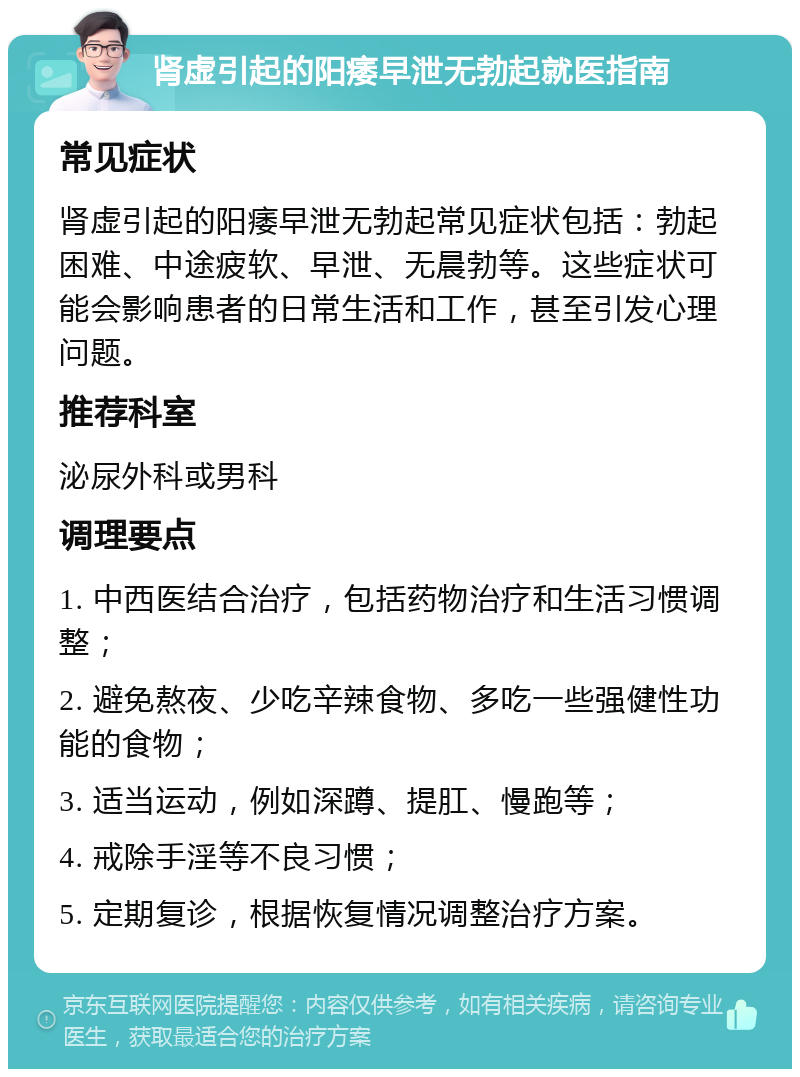 肾虚引起的阳痿早泄无勃起就医指南 常见症状 肾虚引起的阳痿早泄无勃起常见症状包括：勃起困难、中途疲软、早泄、无晨勃等。这些症状可能会影响患者的日常生活和工作，甚至引发心理问题。 推荐科室 泌尿外科或男科 调理要点 1. 中西医结合治疗，包括药物治疗和生活习惯调整； 2. 避免熬夜、少吃辛辣食物、多吃一些强健性功能的食物； 3. 适当运动，例如深蹲、提肛、慢跑等； 4. 戒除手淫等不良习惯； 5. 定期复诊，根据恢复情况调整治疗方案。