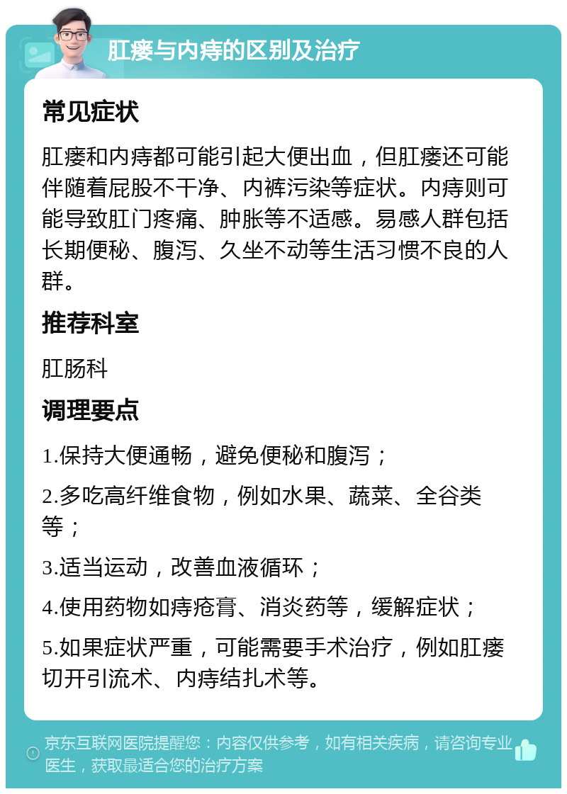 肛瘘与内痔的区别及治疗 常见症状 肛瘘和内痔都可能引起大便出血，但肛瘘还可能伴随着屁股不干净、内裤污染等症状。内痔则可能导致肛门疼痛、肿胀等不适感。易感人群包括长期便秘、腹泻、久坐不动等生活习惯不良的人群。 推荐科室 肛肠科 调理要点 1.保持大便通畅，避免便秘和腹泻； 2.多吃高纤维食物，例如水果、蔬菜、全谷类等； 3.适当运动，改善血液循环； 4.使用药物如痔疮膏、消炎药等，缓解症状； 5.如果症状严重，可能需要手术治疗，例如肛瘘切开引流术、内痔结扎术等。