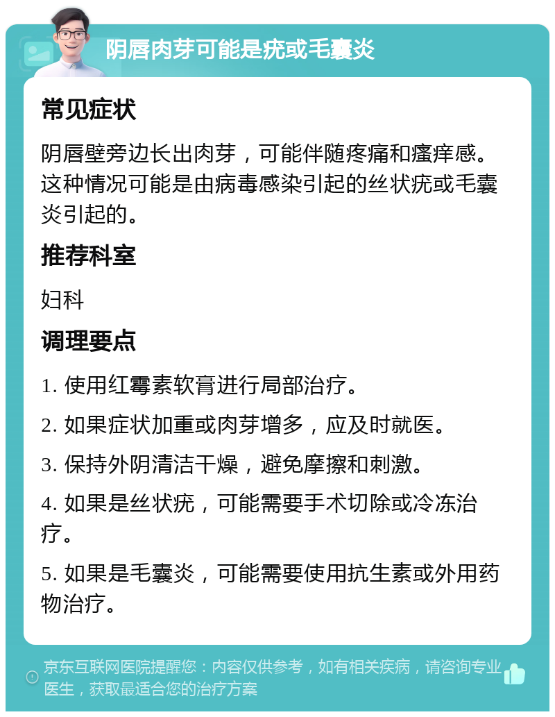 阴唇肉芽可能是疣或毛囊炎 常见症状 阴唇壁旁边长出肉芽，可能伴随疼痛和瘙痒感。这种情况可能是由病毒感染引起的丝状疣或毛囊炎引起的。 推荐科室 妇科 调理要点 1. 使用红霉素软膏进行局部治疗。 2. 如果症状加重或肉芽增多，应及时就医。 3. 保持外阴清洁干燥，避免摩擦和刺激。 4. 如果是丝状疣，可能需要手术切除或冷冻治疗。 5. 如果是毛囊炎，可能需要使用抗生素或外用药物治疗。