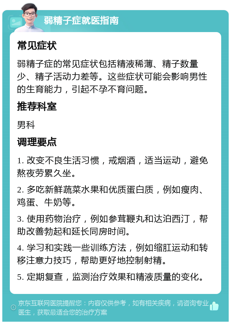 弱精子症就医指南 常见症状 弱精子症的常见症状包括精液稀薄、精子数量少、精子活动力差等。这些症状可能会影响男性的生育能力，引起不孕不育问题。 推荐科室 男科 调理要点 1. 改变不良生活习惯，戒烟酒，适当运动，避免熬夜劳累久坐。 2. 多吃新鲜蔬菜水果和优质蛋白质，例如瘦肉、鸡蛋、牛奶等。 3. 使用药物治疗，例如参茸鞭丸和达泊西汀，帮助改善勃起和延长同房时间。 4. 学习和实践一些训练方法，例如缩肛运动和转移注意力技巧，帮助更好地控制射精。 5. 定期复查，监测治疗效果和精液质量的变化。