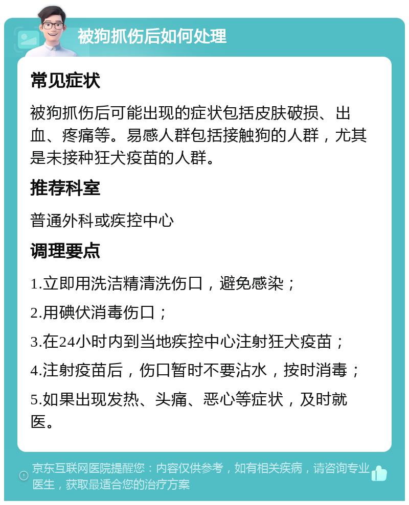 被狗抓伤后如何处理 常见症状 被狗抓伤后可能出现的症状包括皮肤破损、出血、疼痛等。易感人群包括接触狗的人群，尤其是未接种狂犬疫苗的人群。 推荐科室 普通外科或疾控中心 调理要点 1.立即用洗洁精清洗伤口，避免感染； 2.用碘伏消毒伤口； 3.在24小时内到当地疾控中心注射狂犬疫苗； 4.注射疫苗后，伤口暂时不要沾水，按时消毒； 5.如果出现发热、头痛、恶心等症状，及时就医。