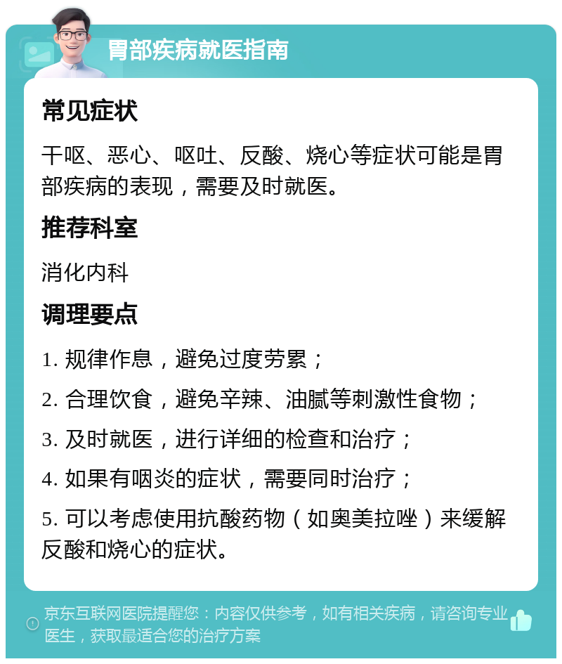 胃部疾病就医指南 常见症状 干呕、恶心、呕吐、反酸、烧心等症状可能是胃部疾病的表现，需要及时就医。 推荐科室 消化内科 调理要点 1. 规律作息，避免过度劳累； 2. 合理饮食，避免辛辣、油腻等刺激性食物； 3. 及时就医，进行详细的检查和治疗； 4. 如果有咽炎的症状，需要同时治疗； 5. 可以考虑使用抗酸药物（如奥美拉唑）来缓解反酸和烧心的症状。