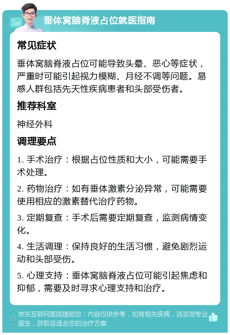 垂体窝脑脊液占位就医指南 常见症状 垂体窝脑脊液占位可能导致头晕、恶心等症状，严重时可能引起视力模糊、月经不调等问题。易感人群包括先天性疾病患者和头部受伤者。 推荐科室 神经外科 调理要点 1. 手术治疗：根据占位性质和大小，可能需要手术处理。 2. 药物治疗：如有垂体激素分泌异常，可能需要使用相应的激素替代治疗药物。 3. 定期复查：手术后需要定期复查，监测病情变化。 4. 生活调理：保持良好的生活习惯，避免剧烈运动和头部受伤。 5. 心理支持：垂体窝脑脊液占位可能引起焦虑和抑郁，需要及时寻求心理支持和治疗。