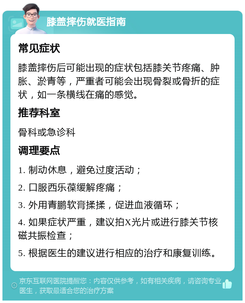 膝盖摔伤就医指南 常见症状 膝盖摔伤后可能出现的症状包括膝关节疼痛、肿胀、淤青等，严重者可能会出现骨裂或骨折的症状，如一条横线在痛的感觉。 推荐科室 骨科或急诊科 调理要点 1. 制动休息，避免过度活动； 2. 口服西乐葆缓解疼痛； 3. 外用青鹏软膏揉揉，促进血液循环； 4. 如果症状严重，建议拍X光片或进行膝关节核磁共振检查； 5. 根据医生的建议进行相应的治疗和康复训练。