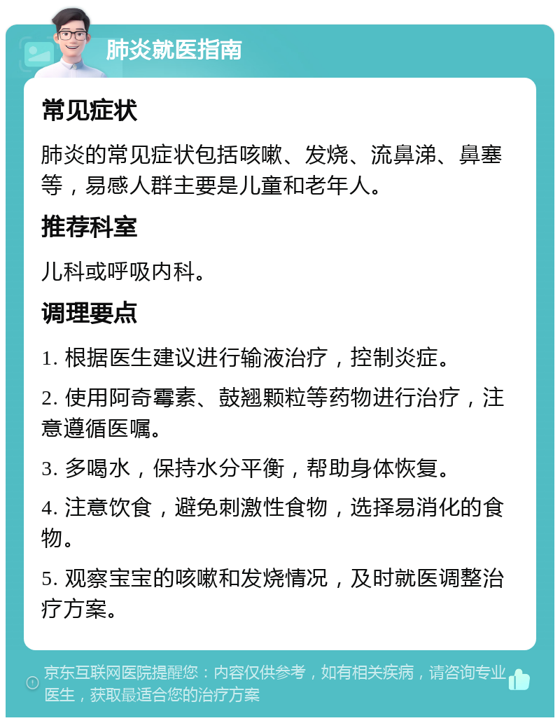 肺炎就医指南 常见症状 肺炎的常见症状包括咳嗽、发烧、流鼻涕、鼻塞等，易感人群主要是儿童和老年人。 推荐科室 儿科或呼吸内科。 调理要点 1. 根据医生建议进行输液治疗，控制炎症。 2. 使用阿奇霉素、鼓翘颗粒等药物进行治疗，注意遵循医嘱。 3. 多喝水，保持水分平衡，帮助身体恢复。 4. 注意饮食，避免刺激性食物，选择易消化的食物。 5. 观察宝宝的咳嗽和发烧情况，及时就医调整治疗方案。