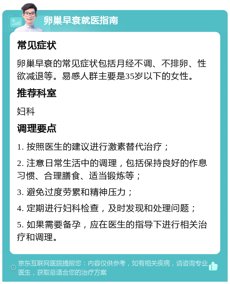 卵巢早衰就医指南 常见症状 卵巢早衰的常见症状包括月经不调、不排卵、性欲减退等。易感人群主要是35岁以下的女性。 推荐科室 妇科 调理要点 1. 按照医生的建议进行激素替代治疗； 2. 注意日常生活中的调理，包括保持良好的作息习惯、合理膳食、适当锻炼等； 3. 避免过度劳累和精神压力； 4. 定期进行妇科检查，及时发现和处理问题； 5. 如果需要备孕，应在医生的指导下进行相关治疗和调理。