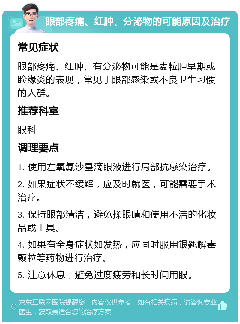 眼部疼痛、红肿、分泌物的可能原因及治疗 常见症状 眼部疼痛、红肿、有分泌物可能是麦粒肿早期或睑缘炎的表现，常见于眼部感染或不良卫生习惯的人群。 推荐科室 眼科 调理要点 1. 使用左氧氟沙星滴眼液进行局部抗感染治疗。 2. 如果症状不缓解，应及时就医，可能需要手术治疗。 3. 保持眼部清洁，避免揉眼睛和使用不洁的化妆品或工具。 4. 如果有全身症状如发热，应同时服用银翘解毒颗粒等药物进行治疗。 5. 注意休息，避免过度疲劳和长时间用眼。