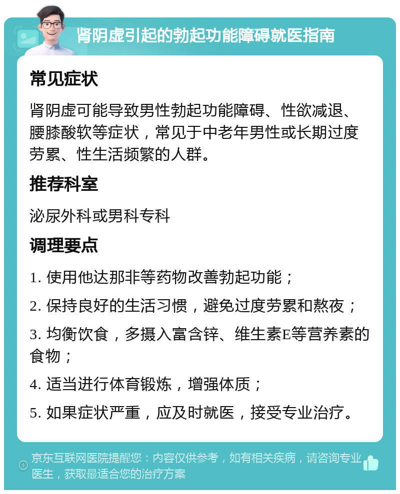 肾阴虚引起的勃起功能障碍就医指南 常见症状 肾阴虚可能导致男性勃起功能障碍、性欲减退、腰膝酸软等症状，常见于中老年男性或长期过度劳累、性生活频繁的人群。 推荐科室 泌尿外科或男科专科 调理要点 1. 使用他达那非等药物改善勃起功能； 2. 保持良好的生活习惯，避免过度劳累和熬夜； 3. 均衡饮食，多摄入富含锌、维生素E等营养素的食物； 4. 适当进行体育锻炼，增强体质； 5. 如果症状严重，应及时就医，接受专业治疗。