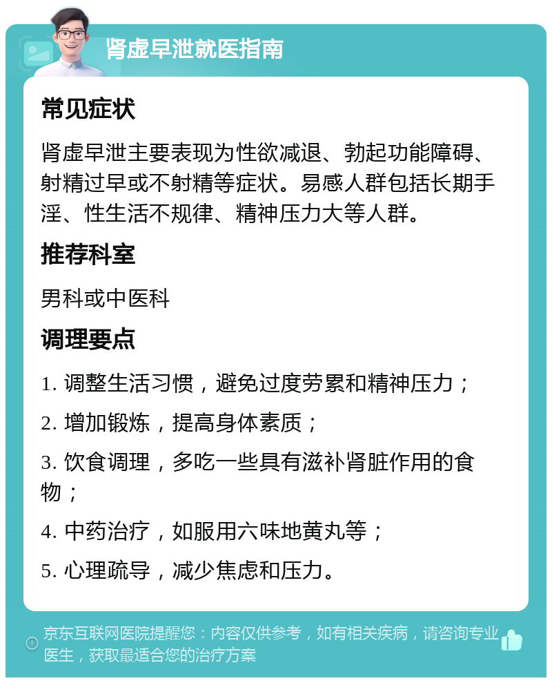 肾虚早泄就医指南 常见症状 肾虚早泄主要表现为性欲减退、勃起功能障碍、射精过早或不射精等症状。易感人群包括长期手淫、性生活不规律、精神压力大等人群。 推荐科室 男科或中医科 调理要点 1. 调整生活习惯，避免过度劳累和精神压力； 2. 增加锻炼，提高身体素质； 3. 饮食调理，多吃一些具有滋补肾脏作用的食物； 4. 中药治疗，如服用六味地黄丸等； 5. 心理疏导，减少焦虑和压力。