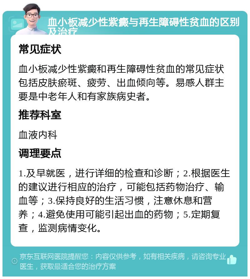 血小板减少性紫癜与再生障碍性贫血的区别及治疗 常见症状 血小板减少性紫癜和再生障碍性贫血的常见症状包括皮肤瘀斑、疲劳、出血倾向等。易感人群主要是中老年人和有家族病史者。 推荐科室 血液内科 调理要点 1.及早就医，进行详细的检查和诊断；2.根据医生的建议进行相应的治疗，可能包括药物治疗、输血等；3.保持良好的生活习惯，注意休息和营养；4.避免使用可能引起出血的药物；5.定期复查，监测病情变化。