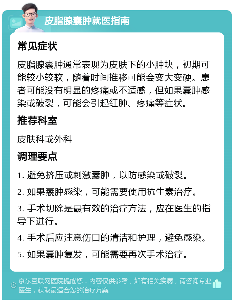 皮脂腺囊肿就医指南 常见症状 皮脂腺囊肿通常表现为皮肤下的小肿块，初期可能较小较软，随着时间推移可能会变大变硬。患者可能没有明显的疼痛或不适感，但如果囊肿感染或破裂，可能会引起红肿、疼痛等症状。 推荐科室 皮肤科或外科 调理要点 1. 避免挤压或刺激囊肿，以防感染或破裂。 2. 如果囊肿感染，可能需要使用抗生素治疗。 3. 手术切除是最有效的治疗方法，应在医生的指导下进行。 4. 手术后应注意伤口的清洁和护理，避免感染。 5. 如果囊肿复发，可能需要再次手术治疗。