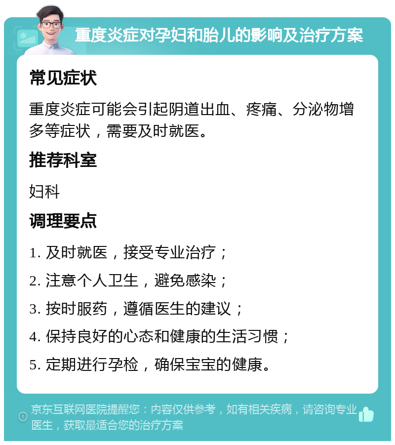 重度炎症对孕妇和胎儿的影响及治疗方案 常见症状 重度炎症可能会引起阴道出血、疼痛、分泌物增多等症状，需要及时就医。 推荐科室 妇科 调理要点 1. 及时就医，接受专业治疗； 2. 注意个人卫生，避免感染； 3. 按时服药，遵循医生的建议； 4. 保持良好的心态和健康的生活习惯； 5. 定期进行孕检，确保宝宝的健康。