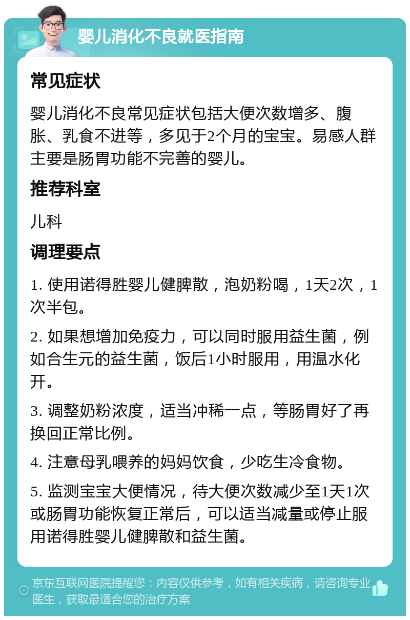 婴儿消化不良就医指南 常见症状 婴儿消化不良常见症状包括大便次数增多、腹胀、乳食不进等，多见于2个月的宝宝。易感人群主要是肠胃功能不完善的婴儿。 推荐科室 儿科 调理要点 1. 使用诺得胜婴儿健脾散，泡奶粉喝，1天2次，1次半包。 2. 如果想增加免疫力，可以同时服用益生菌，例如合生元的益生菌，饭后1小时服用，用温水化开。 3. 调整奶粉浓度，适当冲稀一点，等肠胃好了再换回正常比例。 4. 注意母乳喂养的妈妈饮食，少吃生冷食物。 5. 监测宝宝大便情况，待大便次数减少至1天1次或肠胃功能恢复正常后，可以适当减量或停止服用诺得胜婴儿健脾散和益生菌。