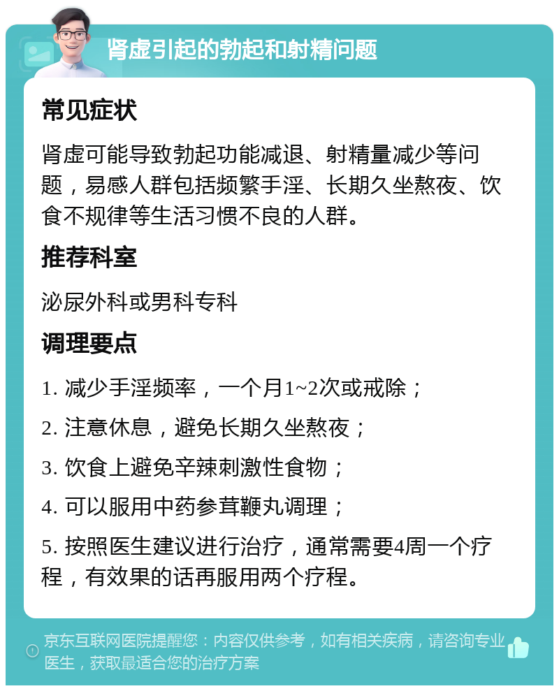 肾虚引起的勃起和射精问题 常见症状 肾虚可能导致勃起功能减退、射精量减少等问题，易感人群包括频繁手淫、长期久坐熬夜、饮食不规律等生活习惯不良的人群。 推荐科室 泌尿外科或男科专科 调理要点 1. 减少手淫频率，一个月1~2次或戒除； 2. 注意休息，避免长期久坐熬夜； 3. 饮食上避免辛辣刺激性食物； 4. 可以服用中药参茸鞭丸调理； 5. 按照医生建议进行治疗，通常需要4周一个疗程，有效果的话再服用两个疗程。