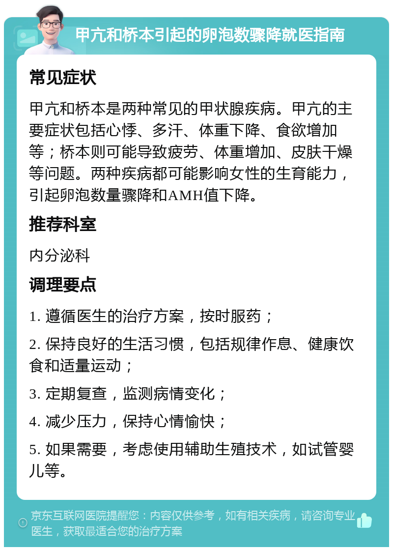 甲亢和桥本引起的卵泡数骤降就医指南 常见症状 甲亢和桥本是两种常见的甲状腺疾病。甲亢的主要症状包括心悸、多汗、体重下降、食欲增加等；桥本则可能导致疲劳、体重增加、皮肤干燥等问题。两种疾病都可能影响女性的生育能力，引起卵泡数量骤降和AMH值下降。 推荐科室 内分泌科 调理要点 1. 遵循医生的治疗方案，按时服药； 2. 保持良好的生活习惯，包括规律作息、健康饮食和适量运动； 3. 定期复查，监测病情变化； 4. 减少压力，保持心情愉快； 5. 如果需要，考虑使用辅助生殖技术，如试管婴儿等。