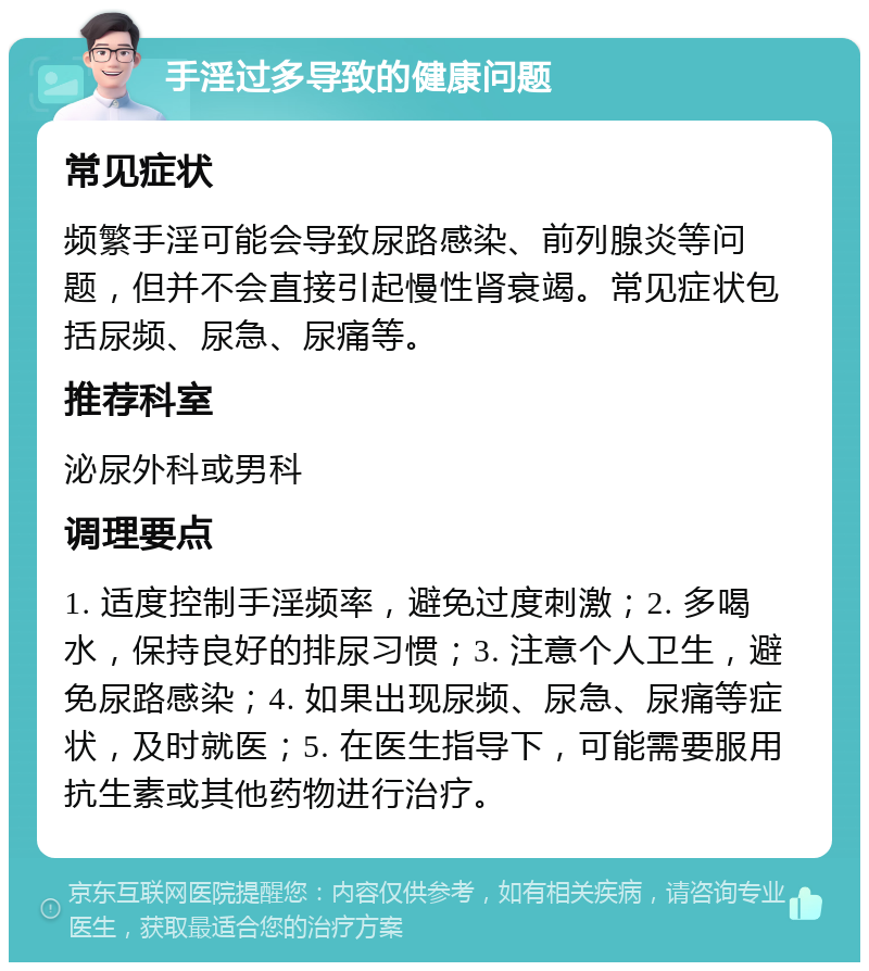 手淫过多导致的健康问题 常见症状 频繁手淫可能会导致尿路感染、前列腺炎等问题，但并不会直接引起慢性肾衰竭。常见症状包括尿频、尿急、尿痛等。 推荐科室 泌尿外科或男科 调理要点 1. 适度控制手淫频率，避免过度刺激；2. 多喝水，保持良好的排尿习惯；3. 注意个人卫生，避免尿路感染；4. 如果出现尿频、尿急、尿痛等症状，及时就医；5. 在医生指导下，可能需要服用抗生素或其他药物进行治疗。