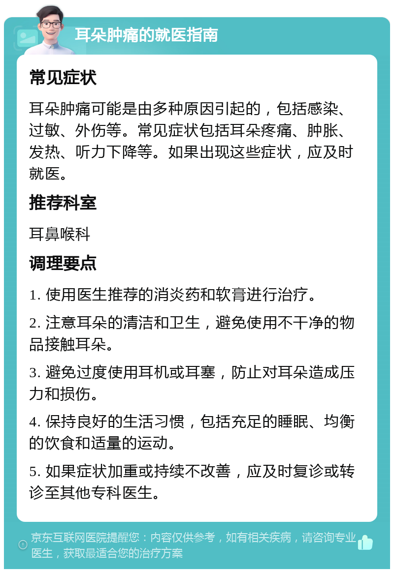 耳朵肿痛的就医指南 常见症状 耳朵肿痛可能是由多种原因引起的，包括感染、过敏、外伤等。常见症状包括耳朵疼痛、肿胀、发热、听力下降等。如果出现这些症状，应及时就医。 推荐科室 耳鼻喉科 调理要点 1. 使用医生推荐的消炎药和软膏进行治疗。 2. 注意耳朵的清洁和卫生，避免使用不干净的物品接触耳朵。 3. 避免过度使用耳机或耳塞，防止对耳朵造成压力和损伤。 4. 保持良好的生活习惯，包括充足的睡眠、均衡的饮食和适量的运动。 5. 如果症状加重或持续不改善，应及时复诊或转诊至其他专科医生。