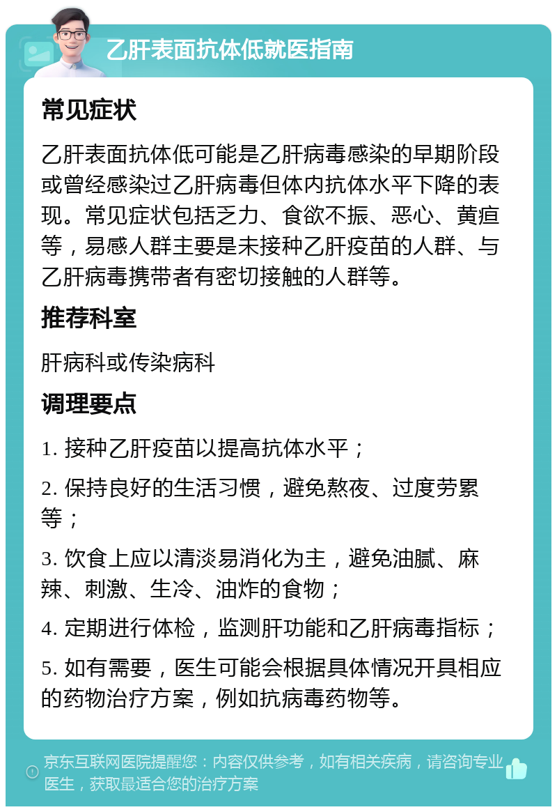 乙肝表面抗体低就医指南 常见症状 乙肝表面抗体低可能是乙肝病毒感染的早期阶段或曾经感染过乙肝病毒但体内抗体水平下降的表现。常见症状包括乏力、食欲不振、恶心、黄疸等，易感人群主要是未接种乙肝疫苗的人群、与乙肝病毒携带者有密切接触的人群等。 推荐科室 肝病科或传染病科 调理要点 1. 接种乙肝疫苗以提高抗体水平； 2. 保持良好的生活习惯，避免熬夜、过度劳累等； 3. 饮食上应以清淡易消化为主，避免油腻、麻辣、刺激、生冷、油炸的食物； 4. 定期进行体检，监测肝功能和乙肝病毒指标； 5. 如有需要，医生可能会根据具体情况开具相应的药物治疗方案，例如抗病毒药物等。