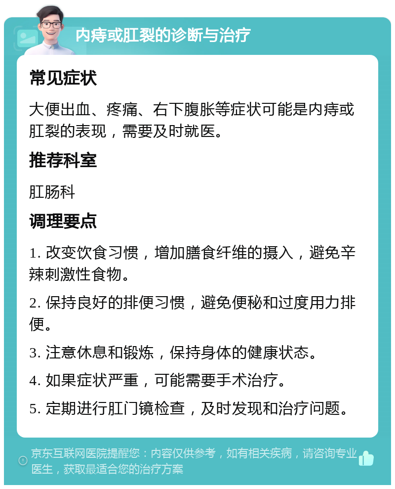 内痔或肛裂的诊断与治疗 常见症状 大便出血、疼痛、右下腹胀等症状可能是内痔或肛裂的表现，需要及时就医。 推荐科室 肛肠科 调理要点 1. 改变饮食习惯，增加膳食纤维的摄入，避免辛辣刺激性食物。 2. 保持良好的排便习惯，避免便秘和过度用力排便。 3. 注意休息和锻炼，保持身体的健康状态。 4. 如果症状严重，可能需要手术治疗。 5. 定期进行肛门镜检查，及时发现和治疗问题。