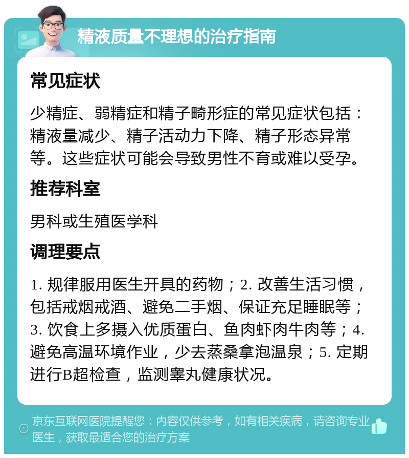 精液质量不理想的治疗指南 常见症状 少精症、弱精症和精子畸形症的常见症状包括：精液量减少、精子活动力下降、精子形态异常等。这些症状可能会导致男性不育或难以受孕。 推荐科室 男科或生殖医学科 调理要点 1. 规律服用医生开具的药物；2. 改善生活习惯，包括戒烟戒酒、避免二手烟、保证充足睡眠等；3. 饮食上多摄入优质蛋白、鱼肉虾肉牛肉等；4. 避免高温环境作业，少去蒸桑拿泡温泉；5. 定期进行B超检查，监测睾丸健康状况。