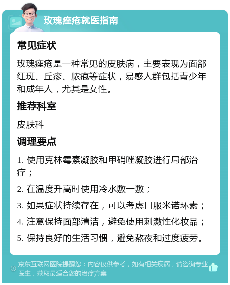 玫瑰痤疮就医指南 常见症状 玫瑰痤疮是一种常见的皮肤病，主要表现为面部红斑、丘疹、脓疱等症状，易感人群包括青少年和成年人，尤其是女性。 推荐科室 皮肤科 调理要点 1. 使用克林霉素凝胶和甲硝唑凝胶进行局部治疗； 2. 在温度升高时使用冷水敷一敷； 3. 如果症状持续存在，可以考虑口服米诺环素； 4. 注意保持面部清洁，避免使用刺激性化妆品； 5. 保持良好的生活习惯，避免熬夜和过度疲劳。