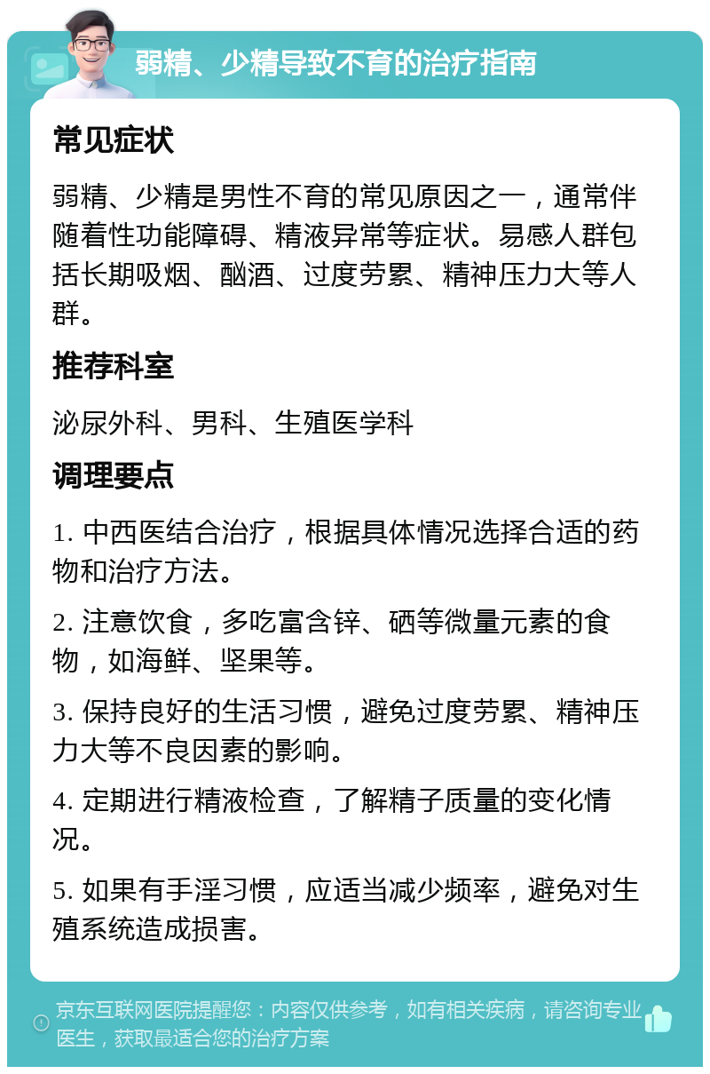 弱精、少精导致不育的治疗指南 常见症状 弱精、少精是男性不育的常见原因之一，通常伴随着性功能障碍、精液异常等症状。易感人群包括长期吸烟、酗酒、过度劳累、精神压力大等人群。 推荐科室 泌尿外科、男科、生殖医学科 调理要点 1. 中西医结合治疗，根据具体情况选择合适的药物和治疗方法。 2. 注意饮食，多吃富含锌、硒等微量元素的食物，如海鲜、坚果等。 3. 保持良好的生活习惯，避免过度劳累、精神压力大等不良因素的影响。 4. 定期进行精液检查，了解精子质量的变化情况。 5. 如果有手淫习惯，应适当减少频率，避免对生殖系统造成损害。