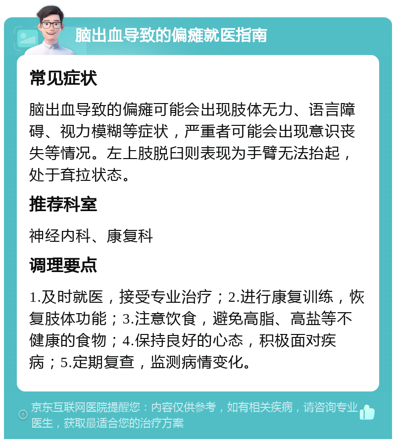 脑出血导致的偏瘫就医指南 常见症状 脑出血导致的偏瘫可能会出现肢体无力、语言障碍、视力模糊等症状，严重者可能会出现意识丧失等情况。左上肢脱臼则表现为手臂无法抬起，处于耷拉状态。 推荐科室 神经内科、康复科 调理要点 1.及时就医，接受专业治疗；2.进行康复训练，恢复肢体功能；3.注意饮食，避免高脂、高盐等不健康的食物；4.保持良好的心态，积极面对疾病；5.定期复查，监测病情变化。