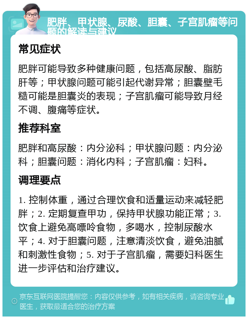 肥胖、甲状腺、尿酸、胆囊、子宫肌瘤等问题的解读与建议 常见症状 肥胖可能导致多种健康问题，包括高尿酸、脂肪肝等；甲状腺问题可能引起代谢异常；胆囊壁毛糙可能是胆囊炎的表现；子宫肌瘤可能导致月经不调、腹痛等症状。 推荐科室 肥胖和高尿酸：内分泌科；甲状腺问题：内分泌科；胆囊问题：消化内科；子宫肌瘤：妇科。 调理要点 1. 控制体重，通过合理饮食和适量运动来减轻肥胖；2. 定期复查甲功，保持甲状腺功能正常；3. 饮食上避免高嘌呤食物，多喝水，控制尿酸水平；4. 对于胆囊问题，注意清淡饮食，避免油腻和刺激性食物；5. 对于子宫肌瘤，需要妇科医生进一步评估和治疗建议。