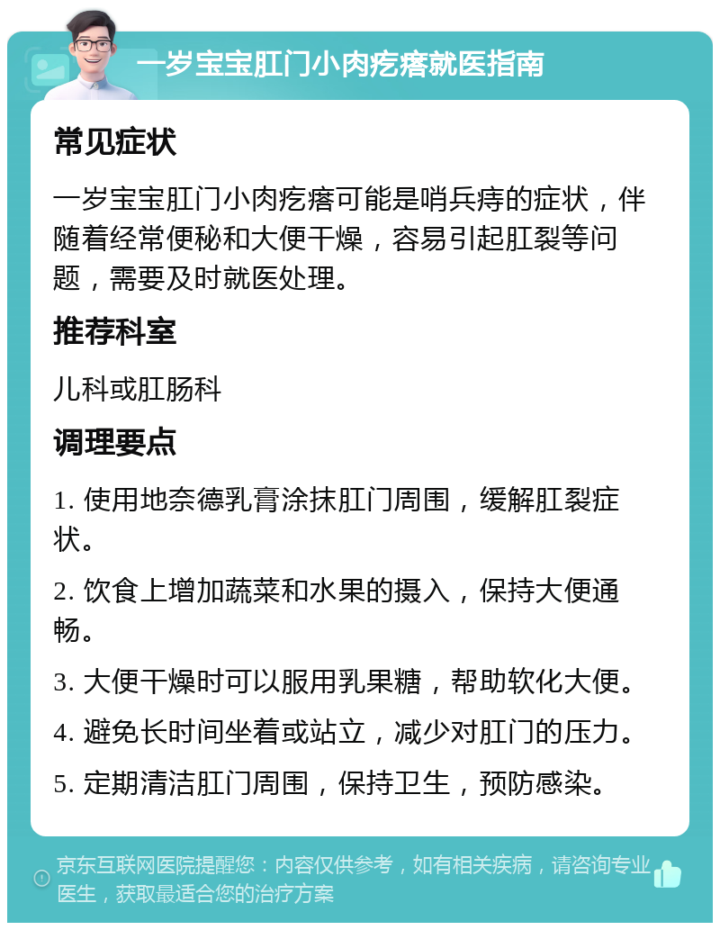 一岁宝宝肛门小肉疙瘩就医指南 常见症状 一岁宝宝肛门小肉疙瘩可能是哨兵痔的症状，伴随着经常便秘和大便干燥，容易引起肛裂等问题，需要及时就医处理。 推荐科室 儿科或肛肠科 调理要点 1. 使用地奈德乳膏涂抹肛门周围，缓解肛裂症状。 2. 饮食上增加蔬菜和水果的摄入，保持大便通畅。 3. 大便干燥时可以服用乳果糖，帮助软化大便。 4. 避免长时间坐着或站立，减少对肛门的压力。 5. 定期清洁肛门周围，保持卫生，预防感染。