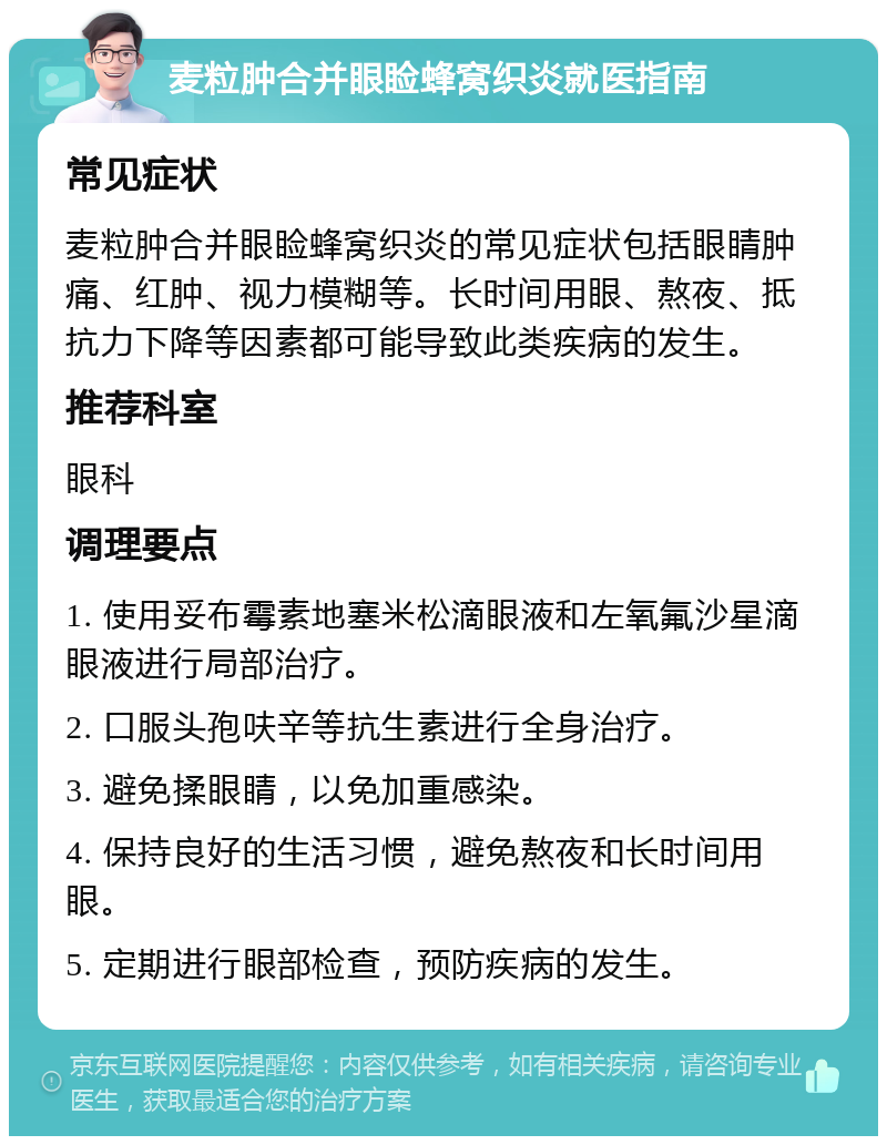 麦粒肿合并眼睑蜂窝织炎就医指南 常见症状 麦粒肿合并眼睑蜂窝织炎的常见症状包括眼睛肿痛、红肿、视力模糊等。长时间用眼、熬夜、抵抗力下降等因素都可能导致此类疾病的发生。 推荐科室 眼科 调理要点 1. 使用妥布霉素地塞米松滴眼液和左氧氟沙星滴眼液进行局部治疗。 2. 口服头孢呋辛等抗生素进行全身治疗。 3. 避免揉眼睛，以免加重感染。 4. 保持良好的生活习惯，避免熬夜和长时间用眼。 5. 定期进行眼部检查，预防疾病的发生。