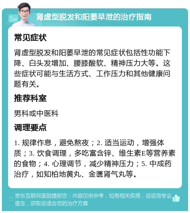 肾虚型脱发和阳萎早泄的治疗指南 常见症状 肾虚型脱发和阳萎早泄的常见症状包括性功能下降、白头发增加、腰膝酸软、精神压力大等。这些症状可能与生活方式、工作压力和其他健康问题有关。 推荐科室 男科或中医科 调理要点 1. 规律作息，避免熬夜；2. 适当运动，增强体质；3. 饮食调理，多吃富含锌、维生素E等营养素的食物；4. 心理调节，减少精神压力；5. 中成药治疗，如知柏地黄丸、金匮肾气丸等。