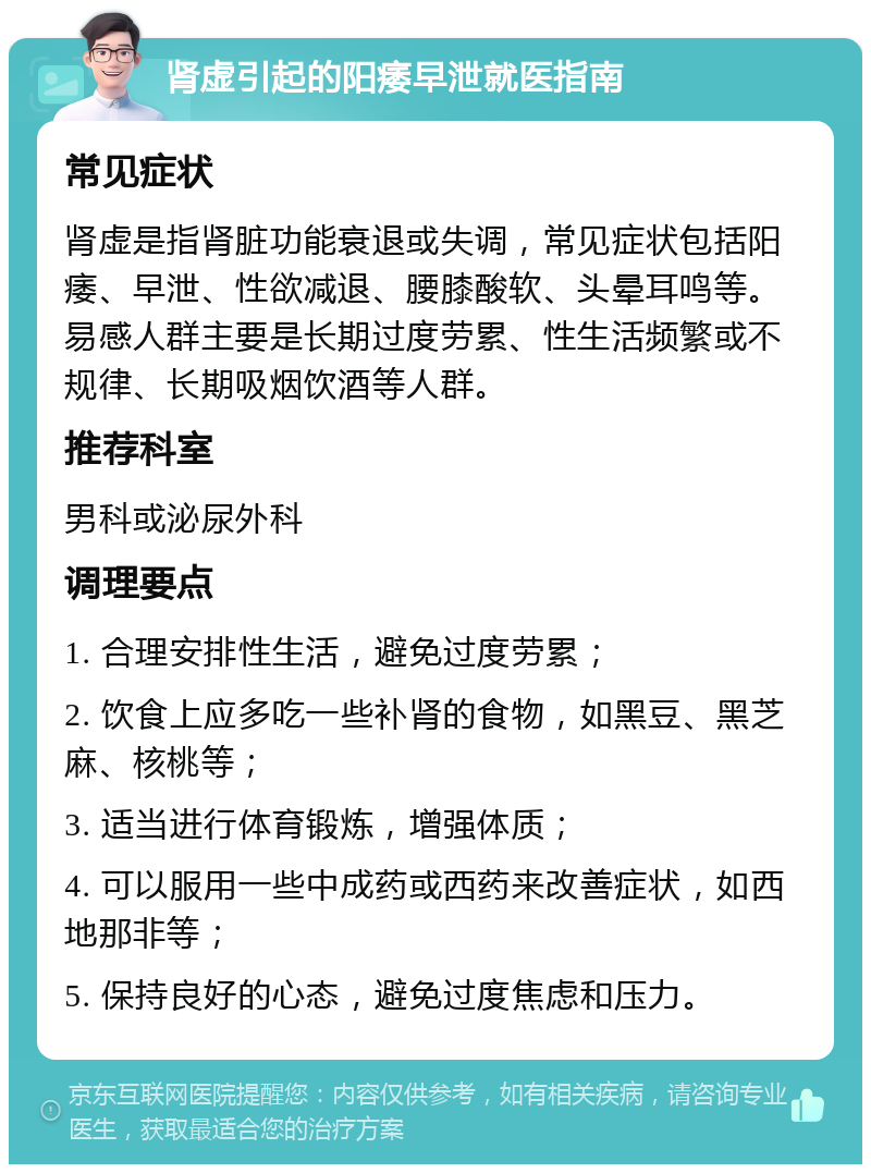 肾虚引起的阳痿早泄就医指南 常见症状 肾虚是指肾脏功能衰退或失调，常见症状包括阳痿、早泄、性欲减退、腰膝酸软、头晕耳鸣等。易感人群主要是长期过度劳累、性生活频繁或不规律、长期吸烟饮酒等人群。 推荐科室 男科或泌尿外科 调理要点 1. 合理安排性生活，避免过度劳累； 2. 饮食上应多吃一些补肾的食物，如黑豆、黑芝麻、核桃等； 3. 适当进行体育锻炼，增强体质； 4. 可以服用一些中成药或西药来改善症状，如西地那非等； 5. 保持良好的心态，避免过度焦虑和压力。