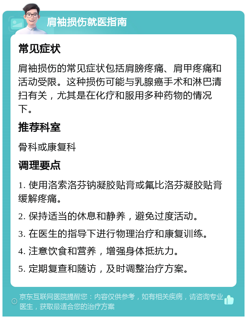 肩袖损伤就医指南 常见症状 肩袖损伤的常见症状包括肩膀疼痛、肩甲疼痛和活动受限。这种损伤可能与乳腺癌手术和淋巴清扫有关，尤其是在化疗和服用多种药物的情况下。 推荐科室 骨科或康复科 调理要点 1. 使用洛索洛芬钠凝胶贴膏或氟比洛芬凝胶贴膏缓解疼痛。 2. 保持适当的休息和静养，避免过度活动。 3. 在医生的指导下进行物理治疗和康复训练。 4. 注意饮食和营养，增强身体抵抗力。 5. 定期复查和随访，及时调整治疗方案。