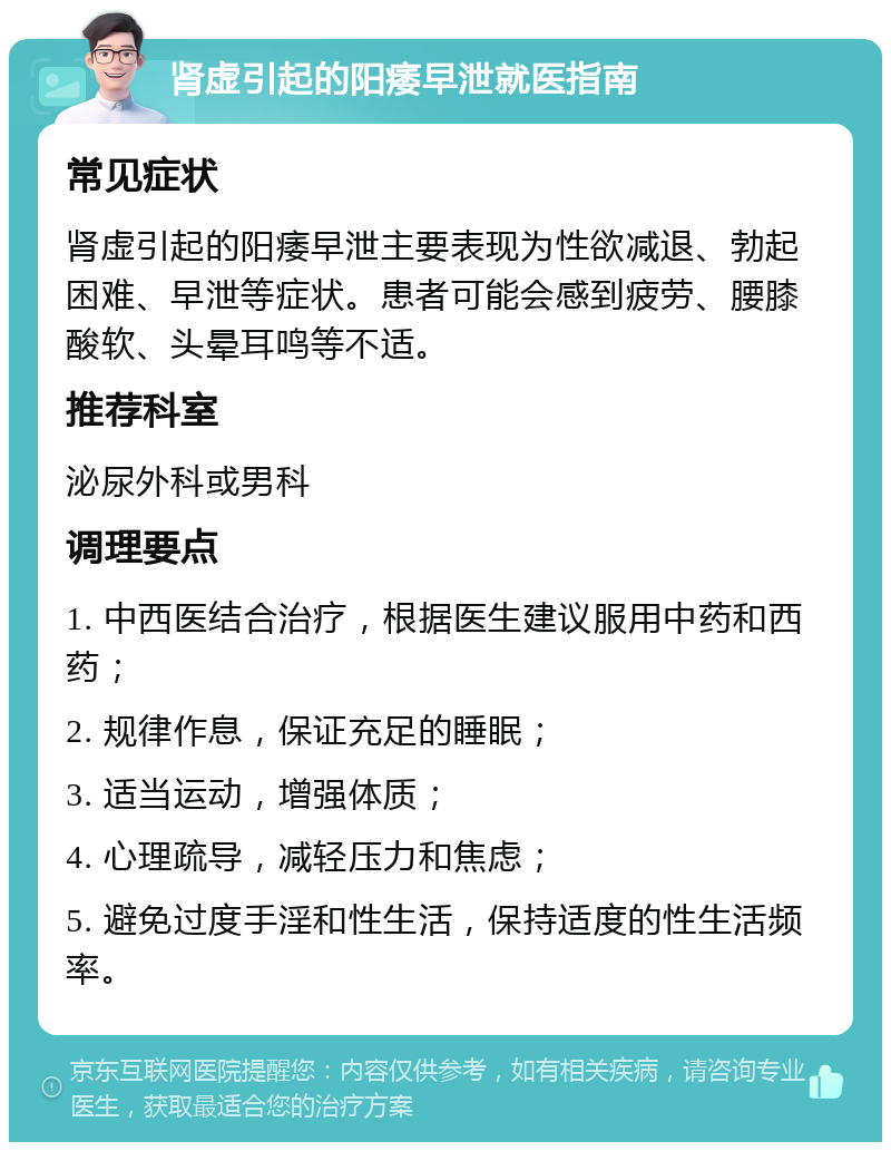 肾虚引起的阳痿早泄就医指南 常见症状 肾虚引起的阳痿早泄主要表现为性欲减退、勃起困难、早泄等症状。患者可能会感到疲劳、腰膝酸软、头晕耳鸣等不适。 推荐科室 泌尿外科或男科 调理要点 1. 中西医结合治疗，根据医生建议服用中药和西药； 2. 规律作息，保证充足的睡眠； 3. 适当运动，增强体质； 4. 心理疏导，减轻压力和焦虑； 5. 避免过度手淫和性生活，保持适度的性生活频率。