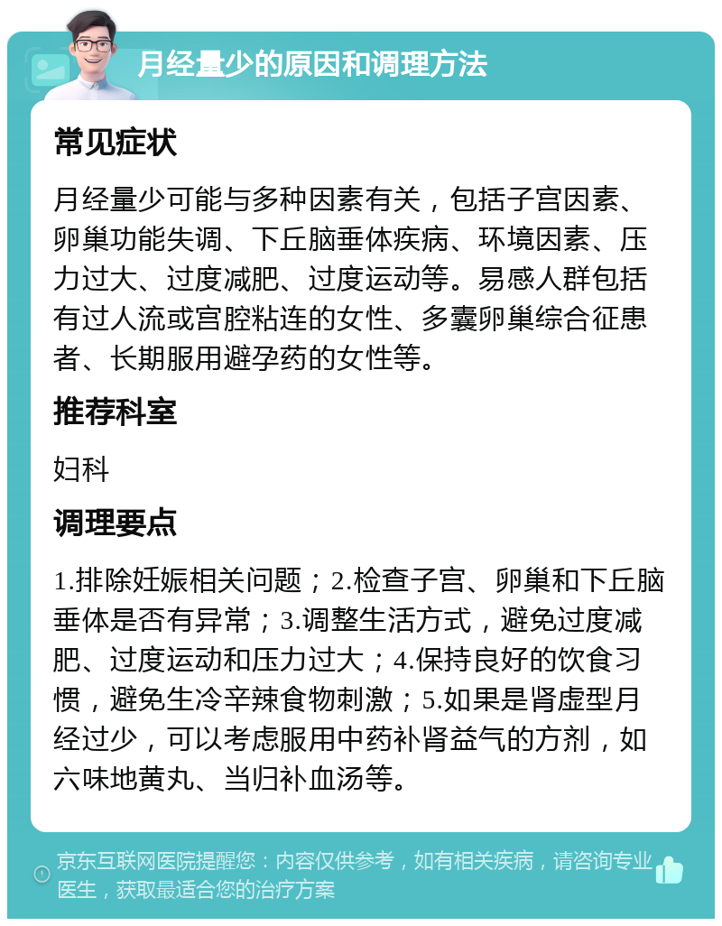 月经量少的原因和调理方法 常见症状 月经量少可能与多种因素有关，包括子宫因素、卵巢功能失调、下丘脑垂体疾病、环境因素、压力过大、过度减肥、过度运动等。易感人群包括有过人流或宫腔粘连的女性、多囊卵巢综合征患者、长期服用避孕药的女性等。 推荐科室 妇科 调理要点 1.排除妊娠相关问题；2.检查子宫、卵巢和下丘脑垂体是否有异常；3.调整生活方式，避免过度减肥、过度运动和压力过大；4.保持良好的饮食习惯，避免生冷辛辣食物刺激；5.如果是肾虚型月经过少，可以考虑服用中药补肾益气的方剂，如六味地黄丸、当归补血汤等。