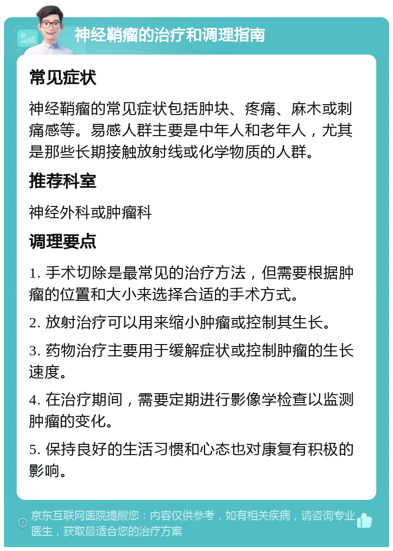 神经鞘瘤的治疗和调理指南 常见症状 神经鞘瘤的常见症状包括肿块、疼痛、麻木或刺痛感等。易感人群主要是中年人和老年人，尤其是那些长期接触放射线或化学物质的人群。 推荐科室 神经外科或肿瘤科 调理要点 1. 手术切除是最常见的治疗方法，但需要根据肿瘤的位置和大小来选择合适的手术方式。 2. 放射治疗可以用来缩小肿瘤或控制其生长。 3. 药物治疗主要用于缓解症状或控制肿瘤的生长速度。 4. 在治疗期间，需要定期进行影像学检查以监测肿瘤的变化。 5. 保持良好的生活习惯和心态也对康复有积极的影响。