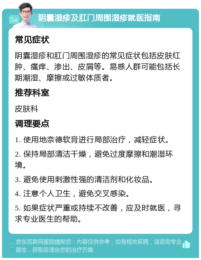 阴囊湿疹及肛门周围湿疹就医指南 常见症状 阴囊湿疹和肛门周围湿疹的常见症状包括皮肤红肿、瘙痒、渗出、皮屑等。易感人群可能包括长期潮湿、摩擦或过敏体质者。 推荐科室 皮肤科 调理要点 1. 使用地奈德软膏进行局部治疗，减轻症状。 2. 保持局部清洁干燥，避免过度摩擦和潮湿环境。 3. 避免使用刺激性强的清洁剂和化妆品。 4. 注意个人卫生，避免交叉感染。 5. 如果症状严重或持续不改善，应及时就医，寻求专业医生的帮助。