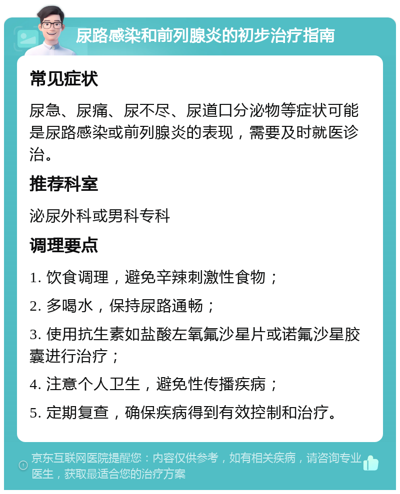 尿路感染和前列腺炎的初步治疗指南 常见症状 尿急、尿痛、尿不尽、尿道口分泌物等症状可能是尿路感染或前列腺炎的表现，需要及时就医诊治。 推荐科室 泌尿外科或男科专科 调理要点 1. 饮食调理，避免辛辣刺激性食物； 2. 多喝水，保持尿路通畅； 3. 使用抗生素如盐酸左氧氟沙星片或诺氟沙星胶囊进行治疗； 4. 注意个人卫生，避免性传播疾病； 5. 定期复查，确保疾病得到有效控制和治疗。