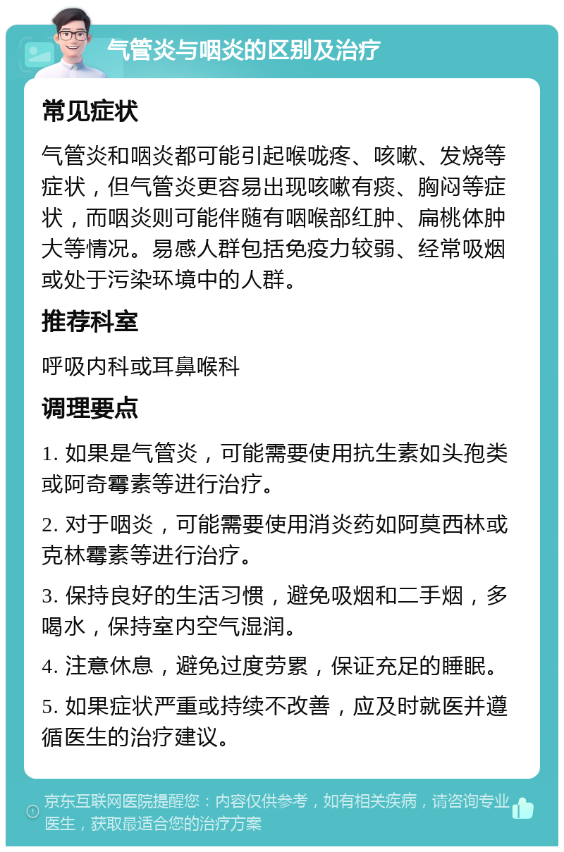 气管炎与咽炎的区别及治疗 常见症状 气管炎和咽炎都可能引起喉咙疼、咳嗽、发烧等症状，但气管炎更容易出现咳嗽有痰、胸闷等症状，而咽炎则可能伴随有咽喉部红肿、扁桃体肿大等情况。易感人群包括免疫力较弱、经常吸烟或处于污染环境中的人群。 推荐科室 呼吸内科或耳鼻喉科 调理要点 1. 如果是气管炎，可能需要使用抗生素如头孢类或阿奇霉素等进行治疗。 2. 对于咽炎，可能需要使用消炎药如阿莫西林或克林霉素等进行治疗。 3. 保持良好的生活习惯，避免吸烟和二手烟，多喝水，保持室内空气湿润。 4. 注意休息，避免过度劳累，保证充足的睡眠。 5. 如果症状严重或持续不改善，应及时就医并遵循医生的治疗建议。