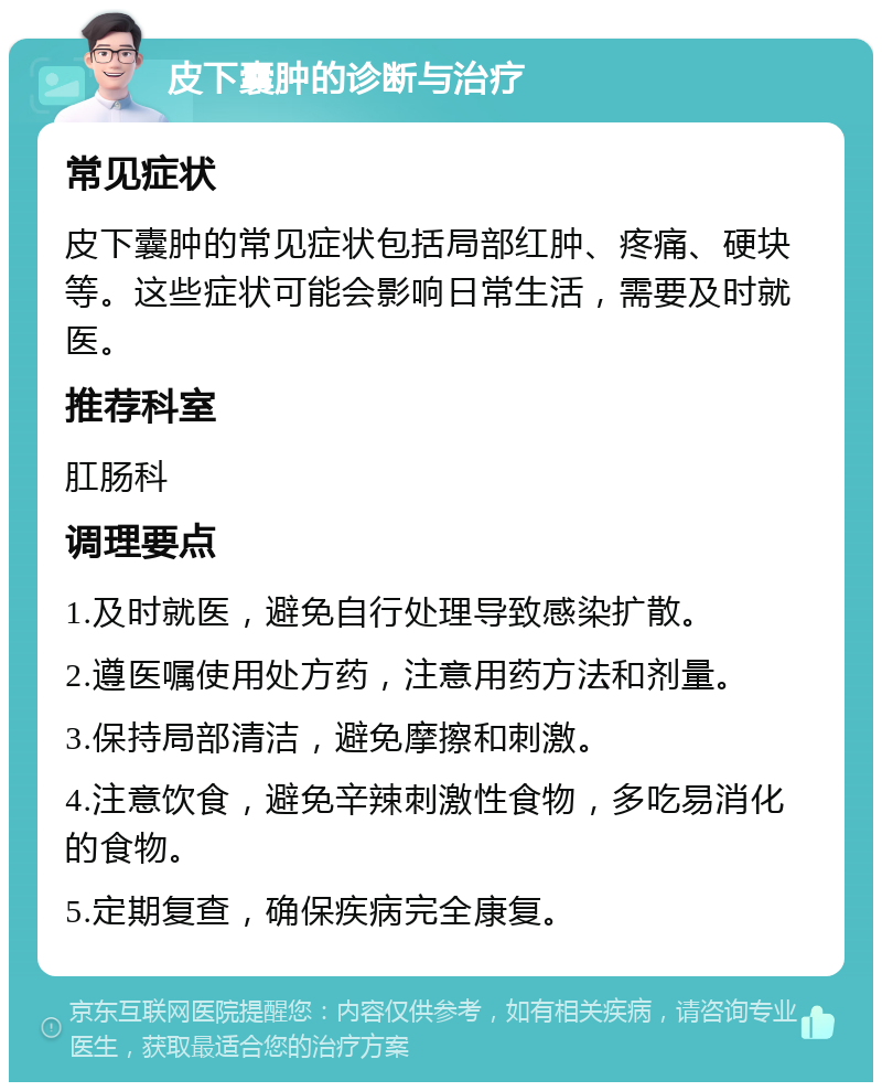 皮下囊肿的诊断与治疗 常见症状 皮下囊肿的常见症状包括局部红肿、疼痛、硬块等。这些症状可能会影响日常生活，需要及时就医。 推荐科室 肛肠科 调理要点 1.及时就医，避免自行处理导致感染扩散。 2.遵医嘱使用处方药，注意用药方法和剂量。 3.保持局部清洁，避免摩擦和刺激。 4.注意饮食，避免辛辣刺激性食物，多吃易消化的食物。 5.定期复查，确保疾病完全康复。