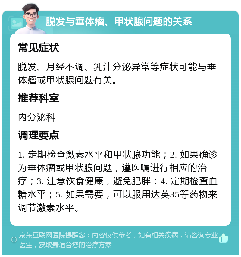 脱发与垂体瘤、甲状腺问题的关系 常见症状 脱发、月经不调、乳汁分泌异常等症状可能与垂体瘤或甲状腺问题有关。 推荐科室 内分泌科 调理要点 1. 定期检查激素水平和甲状腺功能；2. 如果确诊为垂体瘤或甲状腺问题，遵医嘱进行相应的治疗；3. 注意饮食健康，避免肥胖；4. 定期检查血糖水平；5. 如果需要，可以服用达英35等药物来调节激素水平。