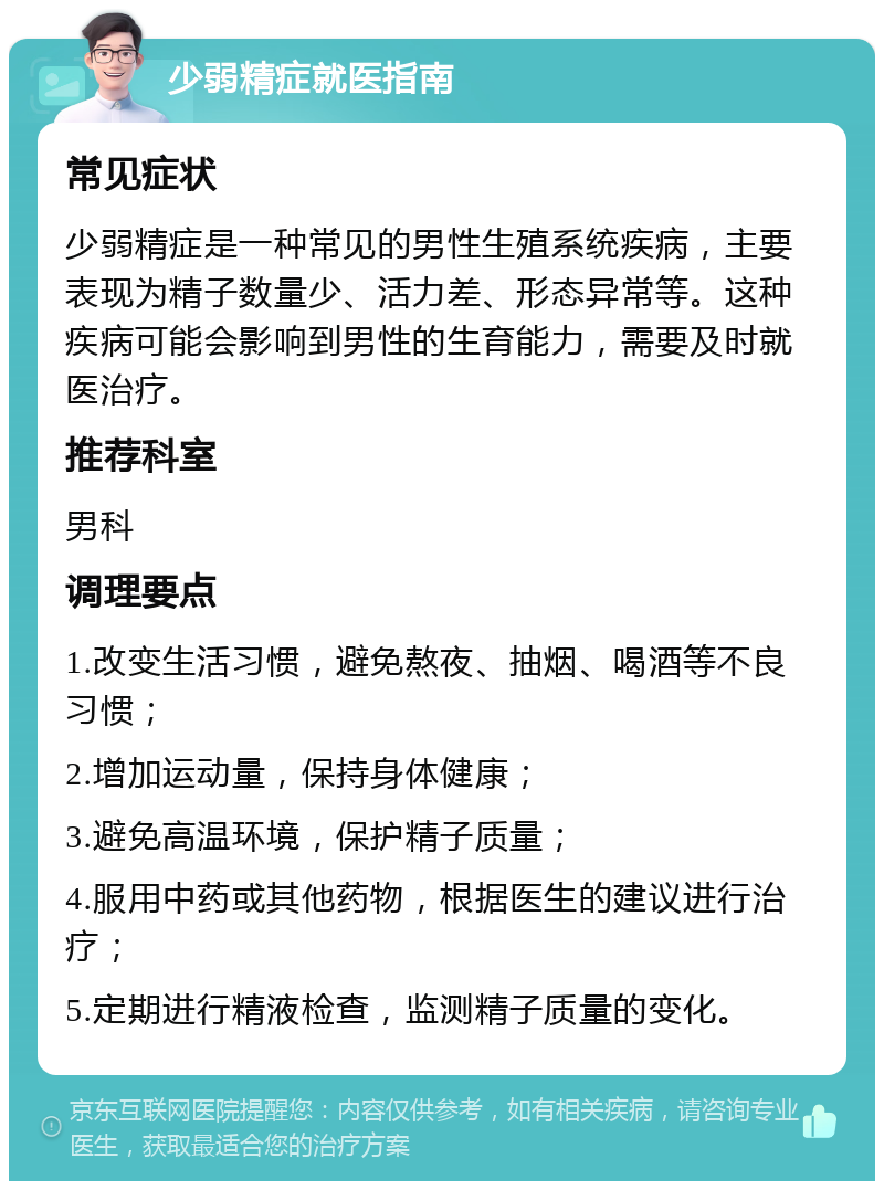 少弱精症就医指南 常见症状 少弱精症是一种常见的男性生殖系统疾病，主要表现为精子数量少、活力差、形态异常等。这种疾病可能会影响到男性的生育能力，需要及时就医治疗。 推荐科室 男科 调理要点 1.改变生活习惯，避免熬夜、抽烟、喝酒等不良习惯； 2.增加运动量，保持身体健康； 3.避免高温环境，保护精子质量； 4.服用中药或其他药物，根据医生的建议进行治疗； 5.定期进行精液检查，监测精子质量的变化。