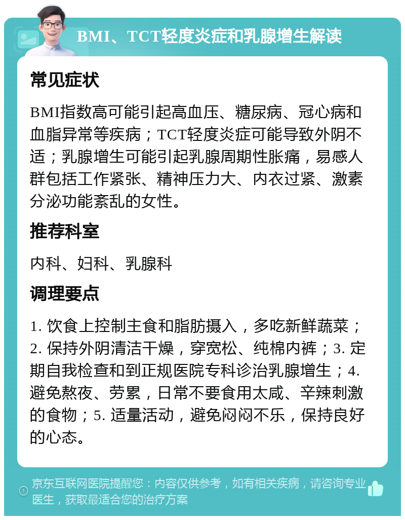 BMI、TCT轻度炎症和乳腺增生解读 常见症状 BMI指数高可能引起高血压、糖尿病、冠心病和血脂异常等疾病；TCT轻度炎症可能导致外阴不适；乳腺增生可能引起乳腺周期性胀痛，易感人群包括工作紧张、精神压力大、内衣过紧、激素分泌功能紊乱的女性。 推荐科室 内科、妇科、乳腺科 调理要点 1. 饮食上控制主食和脂肪摄入，多吃新鲜蔬菜；2. 保持外阴清洁干燥，穿宽松、纯棉内裤；3. 定期自我检查和到正规医院专科诊治乳腺增生；4. 避免熬夜、劳累，日常不要食用太咸、辛辣刺激的食物；5. 适量活动，避免闷闷不乐，保持良好的心态。