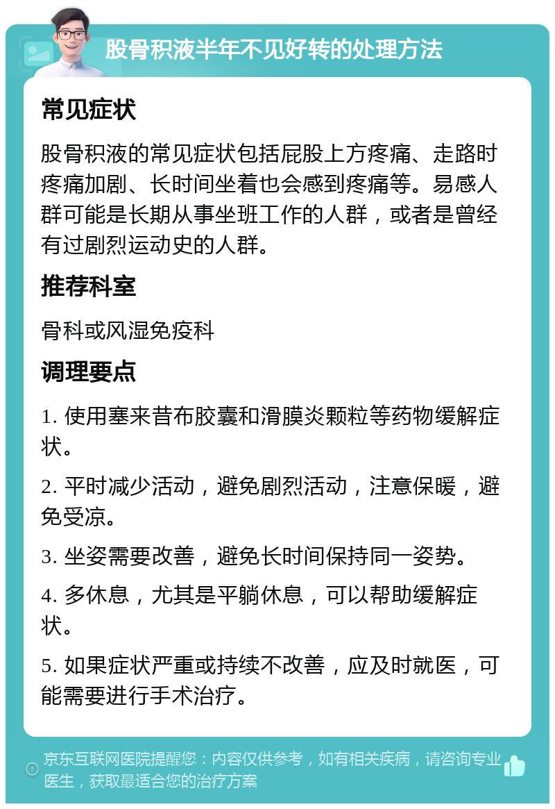 股骨积液半年不见好转的处理方法 常见症状 股骨积液的常见症状包括屁股上方疼痛、走路时疼痛加剧、长时间坐着也会感到疼痛等。易感人群可能是长期从事坐班工作的人群，或者是曾经有过剧烈运动史的人群。 推荐科室 骨科或风湿免疫科 调理要点 1. 使用塞来昔布胶囊和滑膜炎颗粒等药物缓解症状。 2. 平时减少活动，避免剧烈活动，注意保暖，避免受凉。 3. 坐姿需要改善，避免长时间保持同一姿势。 4. 多休息，尤其是平躺休息，可以帮助缓解症状。 5. 如果症状严重或持续不改善，应及时就医，可能需要进行手术治疗。