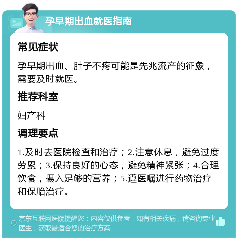 孕早期出血就医指南 常见症状 孕早期出血、肚子不疼可能是先兆流产的征象，需要及时就医。 推荐科室 妇产科 调理要点 1.及时去医院检查和治疗；2.注意休息，避免过度劳累；3.保持良好的心态，避免精神紧张；4.合理饮食，摄入足够的营养；5.遵医嘱进行药物治疗和保胎治疗。