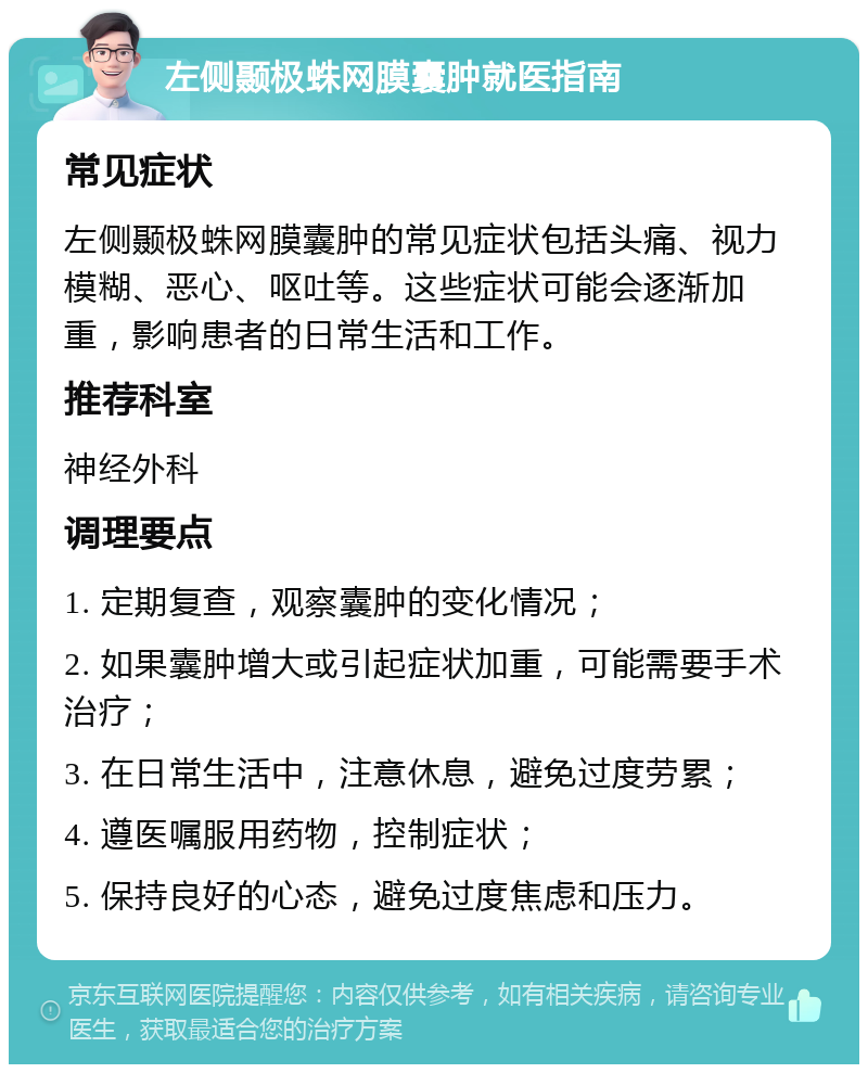 左侧颞极蛛网膜囊肿就医指南 常见症状 左侧颞极蛛网膜囊肿的常见症状包括头痛、视力模糊、恶心、呕吐等。这些症状可能会逐渐加重，影响患者的日常生活和工作。 推荐科室 神经外科 调理要点 1. 定期复查，观察囊肿的变化情况； 2. 如果囊肿增大或引起症状加重，可能需要手术治疗； 3. 在日常生活中，注意休息，避免过度劳累； 4. 遵医嘱服用药物，控制症状； 5. 保持良好的心态，避免过度焦虑和压力。