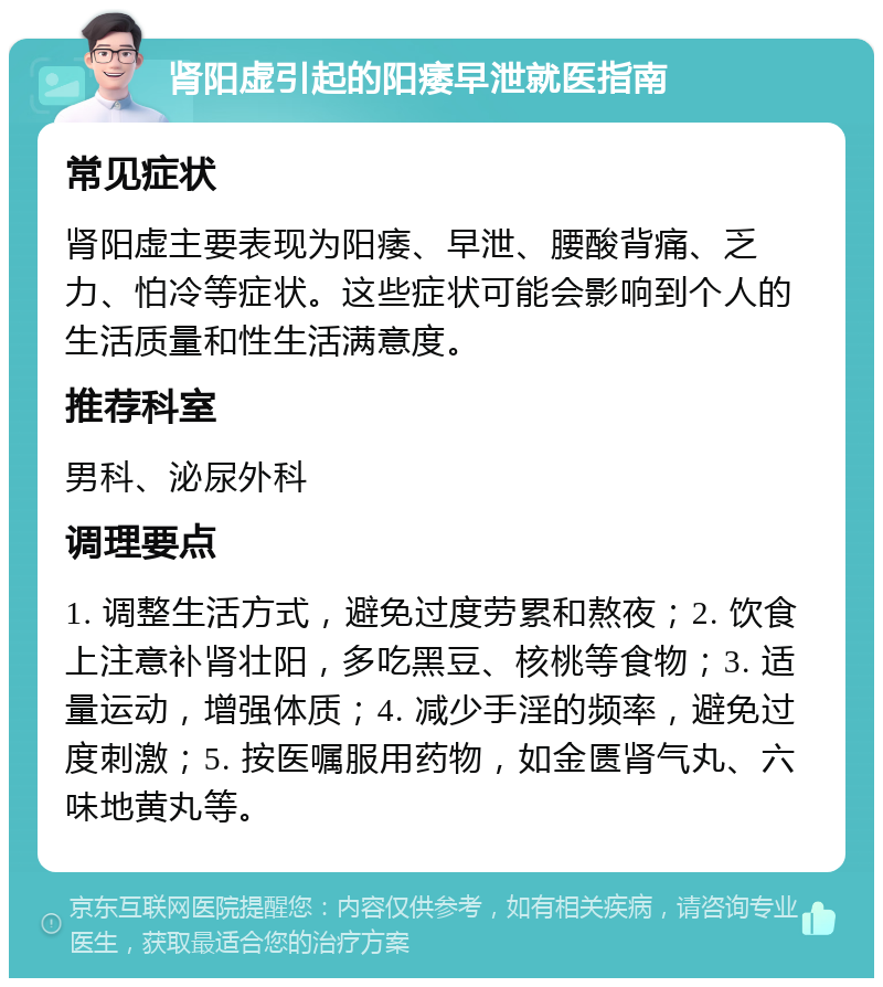 肾阳虚引起的阳痿早泄就医指南 常见症状 肾阳虚主要表现为阳痿、早泄、腰酸背痛、乏力、怕冷等症状。这些症状可能会影响到个人的生活质量和性生活满意度。 推荐科室 男科、泌尿外科 调理要点 1. 调整生活方式，避免过度劳累和熬夜；2. 饮食上注意补肾壮阳，多吃黑豆、核桃等食物；3. 适量运动，增强体质；4. 减少手淫的频率，避免过度刺激；5. 按医嘱服用药物，如金匮肾气丸、六味地黄丸等。