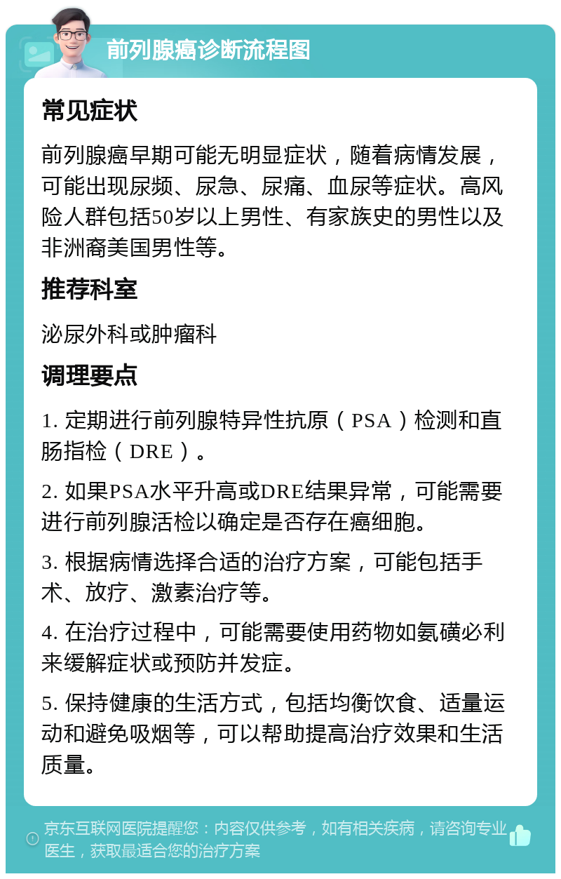 前列腺癌诊断流程图 常见症状 前列腺癌早期可能无明显症状，随着病情发展，可能出现尿频、尿急、尿痛、血尿等症状。高风险人群包括50岁以上男性、有家族史的男性以及非洲裔美国男性等。 推荐科室 泌尿外科或肿瘤科 调理要点 1. 定期进行前列腺特异性抗原（PSA）检测和直肠指检（DRE）。 2. 如果PSA水平升高或DRE结果异常，可能需要进行前列腺活检以确定是否存在癌细胞。 3. 根据病情选择合适的治疗方案，可能包括手术、放疗、激素治疗等。 4. 在治疗过程中，可能需要使用药物如氨磺必利来缓解症状或预防并发症。 5. 保持健康的生活方式，包括均衡饮食、适量运动和避免吸烟等，可以帮助提高治疗效果和生活质量。